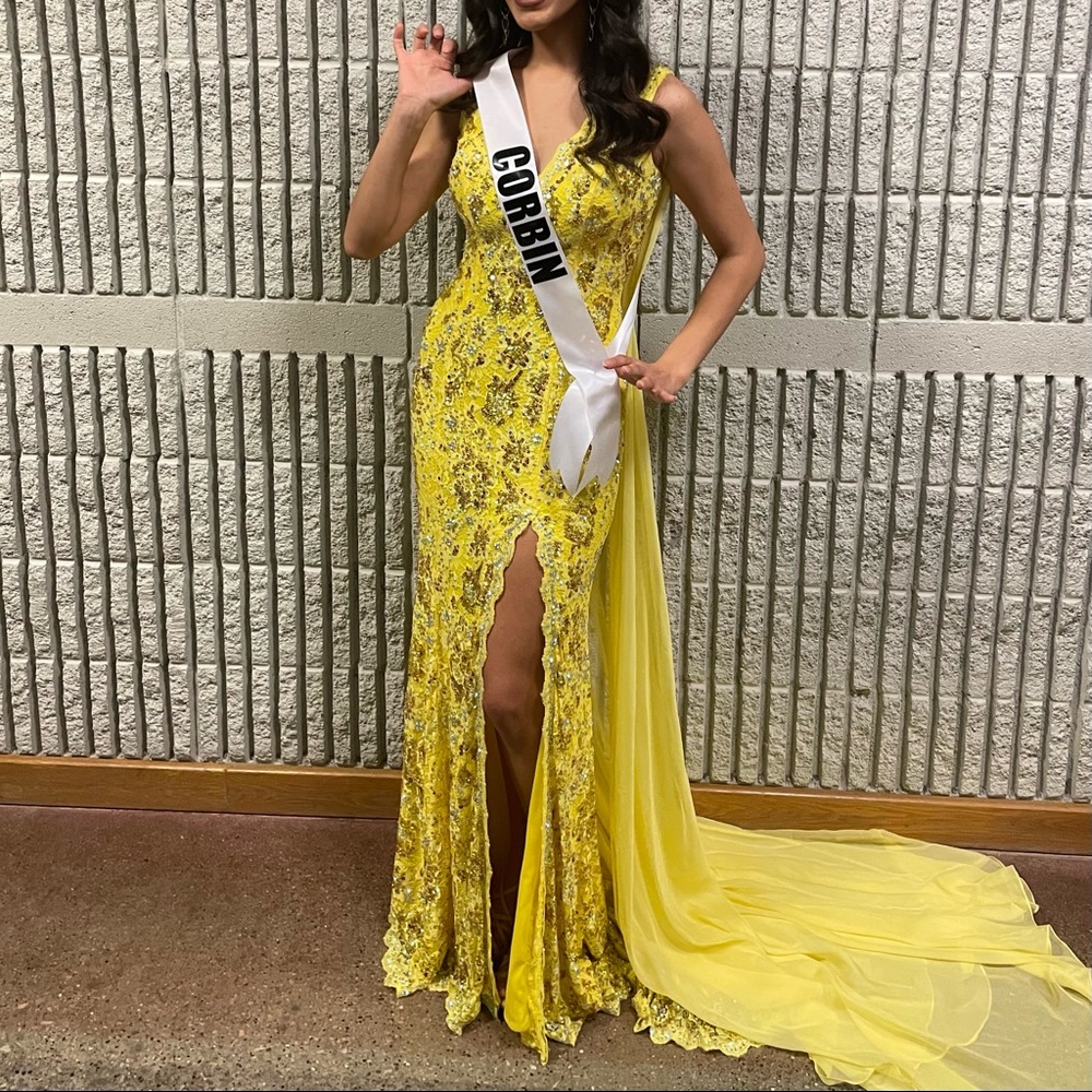 Yellow Johnathan Kayne Gown with added cape. Tailored to size 4.